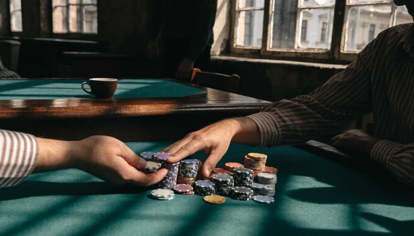 Pokerový stůl s žetony u okna v herně kavárny při dopoledním světle