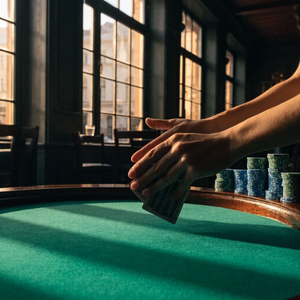 Ruce dealera při míchání karet nad zeleným filcem pokerového stolu v herně