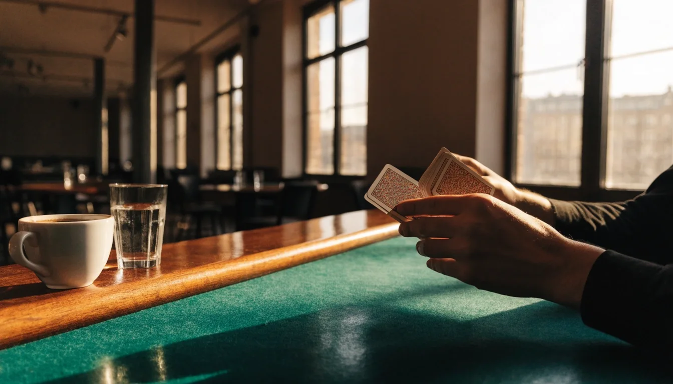 Detail okraje pokerového stolu a odsunuté židle v herně v ranním světle