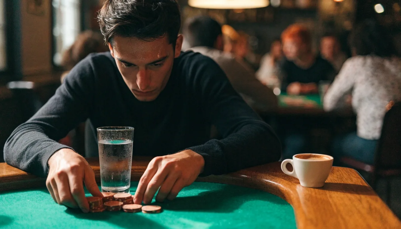 Prázdná židle u pokerového stolu a sklenice vody v herně