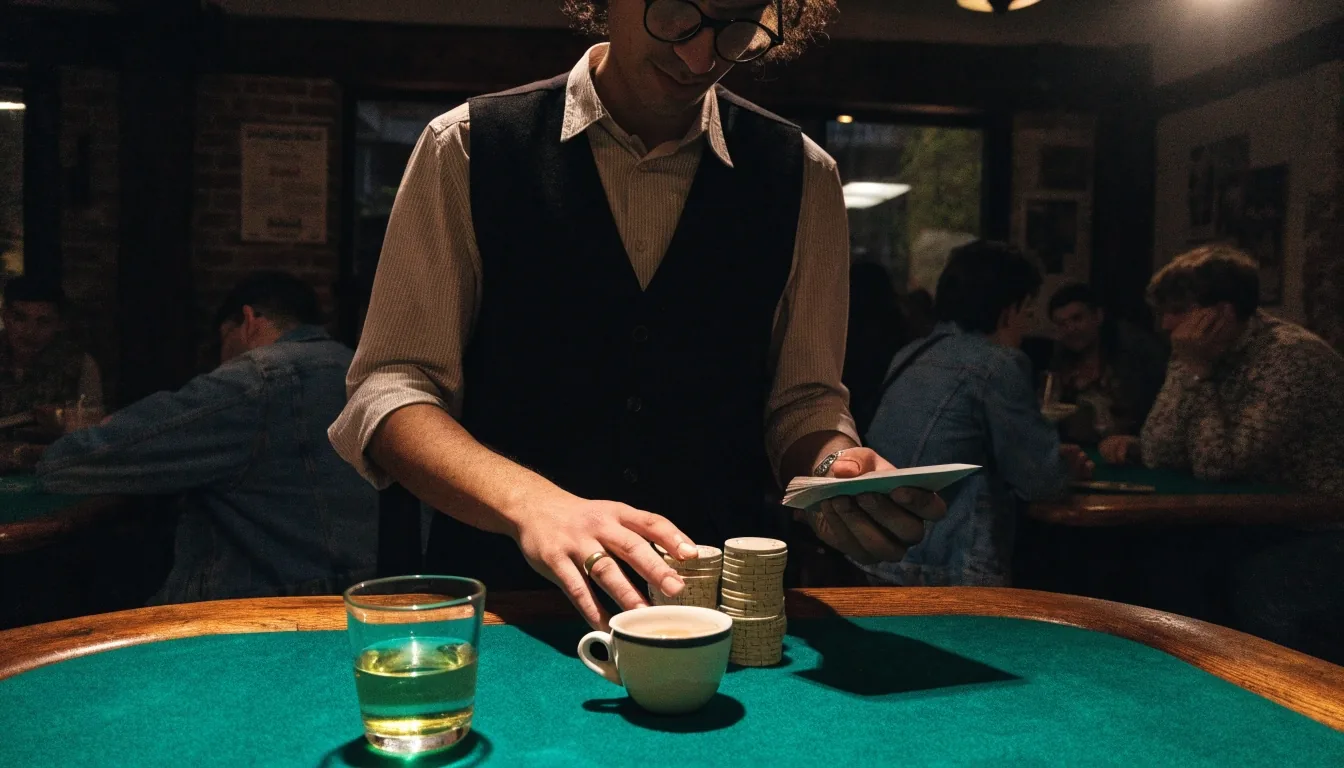 Prázdná pokerová herna v kavárně v ranním světle, zelený stůl a židle u vysokých oken