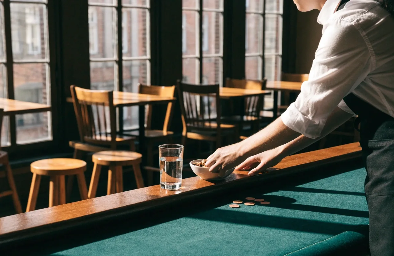 Zelený hrací stůl se žetony a šálkem kávy v pokerové herně u oken